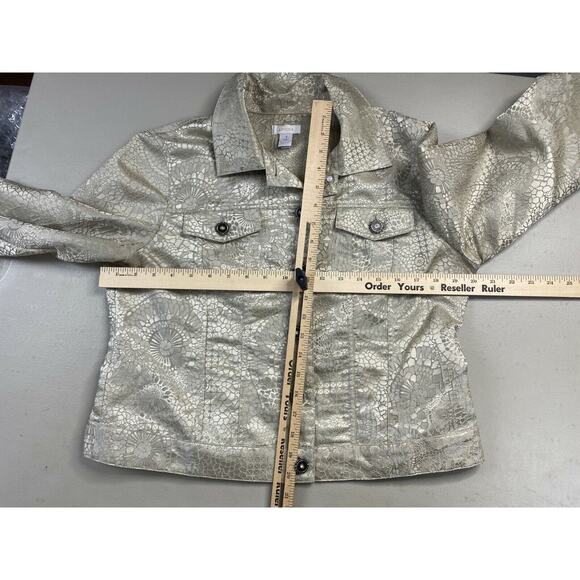 Chicos Jacket 1 Beige Animal Print Trucker Cropped Shiny Snake Skin Small - Picture 8 of 11